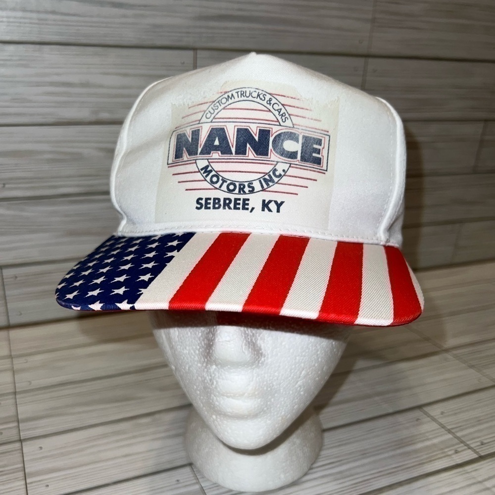 Vintage Nissin Trucker Stars and Stripes Snapback Hat Nance Motors Kentucky Logo